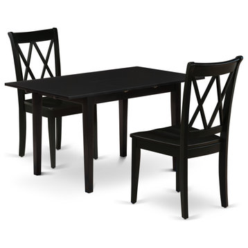 3Pc Dinette Set 2 Dining Chairs, Butterfly Leaf Dining Table, Black