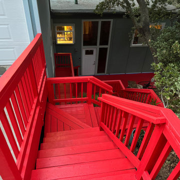 Refinished deck landing, stairs and wood railings with a bold, weather-resistant