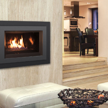 E30 Gas Fireplace - Glass Burner, Black Enameled Liner, and Borderview 4S Surrou