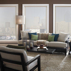 Solar Screen Shade | Contemporary Living Room| Brown & Off-White | Modern Wicker - Roller Shades