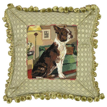 Throw Pillow Boston Terrier Dog 14x14 Chartreuse Green Wool Yarn Poly