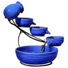 Blue Ceramic Outdoor Cascading Fountain Bird Bath With Solar Pump