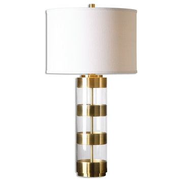 Contemporary Banded Brass Metal Acrylic Column Table Lamp 31 in Cylinder Clear