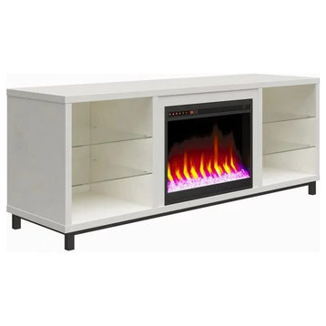 Elegant TV Stand, Center Fireplace and Shelves With LED Lights, Plaster