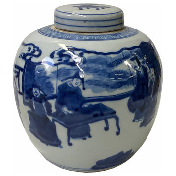 Hand-paint Scholars Graphic Blue White Porcelain Ginger Jar Hws1746
