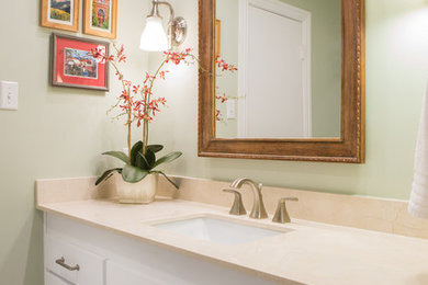 Walk-in shower - mid-sized transitional master white tile and ceramic tile porcelain tile walk-in shower idea in Dallas with shaker cabinets, white cabinets, a two-piece toilet, green walls, an undermount sink and marble countertops
