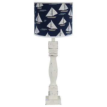 30" Distressed White Candlestick Table Lamp With Navy Sailboat Shade