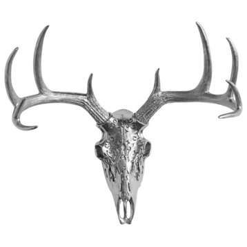 Faux Deer Skull Native American Carving Wall Decor, Metallic Silver