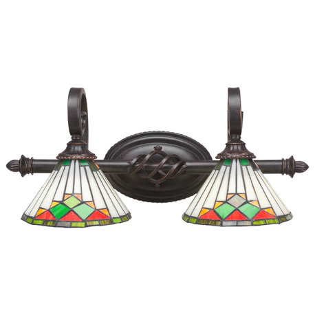 Elegante 2 Light Bath Bar, 7" Green Sunray Tiffany Glass