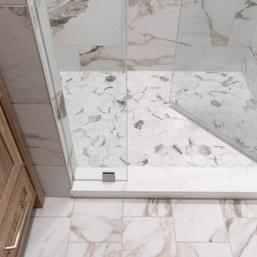 Hexagon Mosaic Shower Floor with Frameless Glass Door