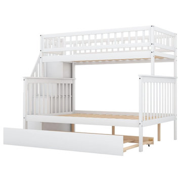 Full Size Bunk Bed, Pine Wood Construction With Staircase, Pull Trundle, White