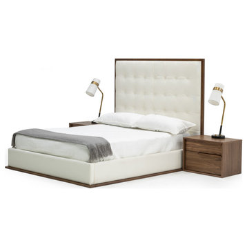 Modrest Amberlie White Vegan Leather and Walnut Bed, Eastern King