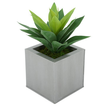 Faux Frosted Light Green Succulent in Square Zinc Pot, Silver