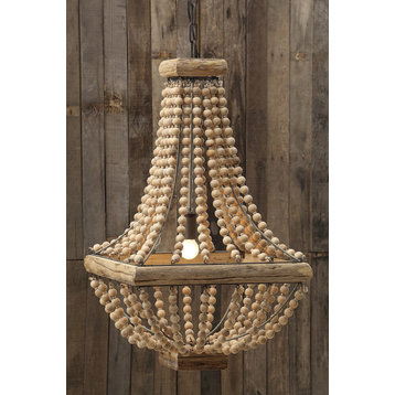 Metal Framed Chandelier With Wood Bead Draping, Brown