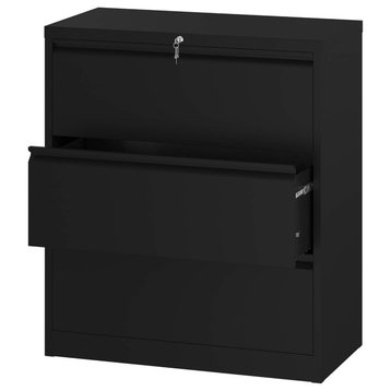 Modern Filing Cabinet, Metal Frame With Lockable Storage Drawers, Black