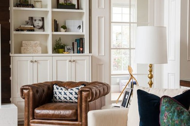 Large elegant open concept light wood floor living room photo in Salt Lake City with gray walls and a wall-mounted tv