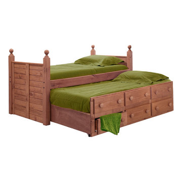 Chelsea Home Twin Panel Post Bed w/ Twin Trundle Unit in Mahogany Stain