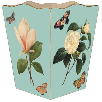 Aqua Magnolia and Peony Wood Wastepaper Basket , With Tissue Box Cover