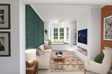 Living room dark green panelling, TV wall
