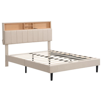 TATEUS Upholstered Platform Bed With Storage Headboard & USB Port, Beige, Queen