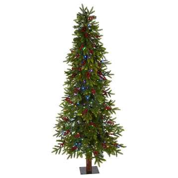 6' Victoria Fir Faux Xmas Tree W/Multifunction Lights, Berry & Bendable Branches