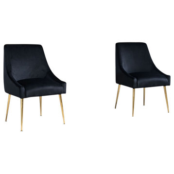Velvet Upholstered Wing Back Chair With Golden Plated Legs, Set of 2, Black
