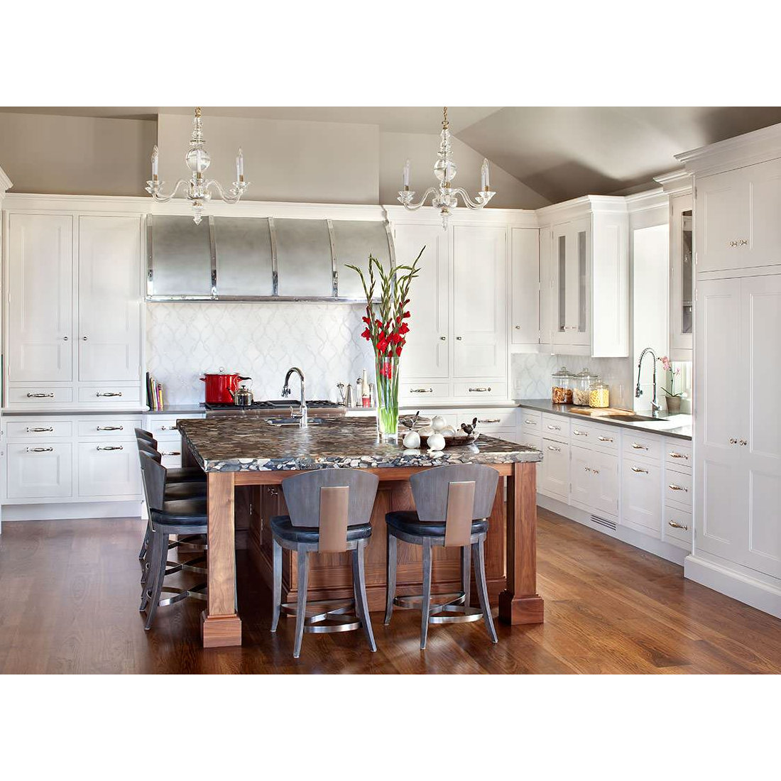Transitional Modern Kitchen with Custom Barrel Hood