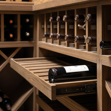 Modern Glass-Enclosed Wine Cellar with Custom Oak Racking | Chicago