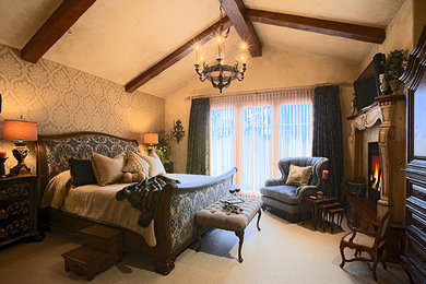 Inspiration for a mid-sized timeless master carpeted and beige floor bedroom remodel in Salt Lake City with beige walls and a standard fireplace