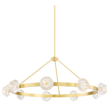 Barclay 9 Light Chandelier, Aged Brass Frame, Clear Shade