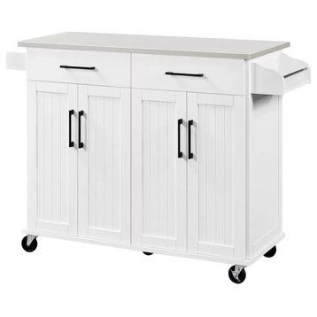 Spacious Kitchen Cart, Grooved Doors & Drawers With Stainless Steel Top, White