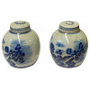 Pair Blue White Mini Oriental Large Flower Porcelain Ginger Jars Aws1875