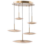 ET2 Lighting - Cymbals LED Pendant - Various sizes of cymbal shaped Satin Brass pendants are constructed of solid cast material. Suspended from a single pan, they are field adjustable to your desired heights. LED illuminates frosted acrylic bands for a truly unique and exciting look.