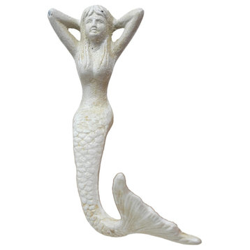 Coastal Mermaid Towel Hanger Holder Shelf Mounted Distressed White Iron 7 inch