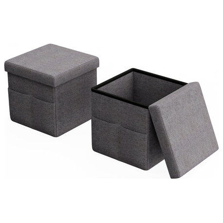 Lavish Home Pair Folding Ottoman With Pockets, Charcoal Gray