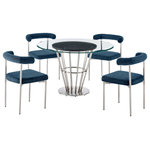 Armen Living - Veronica Shannon Round Dining Table 5-Piece Set, Brushed Steel, Blue Fabric - Bring sleek sophistication and comfort to your dining space with the Veronica Shannon 5 Piece Dining Set by Armen Living. This set includes 1 Veronica Round Glass Dining Table and 4 Shannon Upholstered Dining Chairs. With a chic and refined aesthetic, this dining set is ready to make a statement. The dining table includes a 48" glass tabletop that rests on a round walnut veneer panel for a beautiful contrast of materials. The conical base attains a sleek and airy presence with its metallic detailing. The Veronica dining table serves as a stunning centerpiece for your kitchen, dining, or living space, and its round shape creates a natural hub for inclusive conversations and activities. Our Shannon dining chairs serve as a perfect compliment to create this contemporary and modern dining set. The Shannon chair includes a cylindrical cushion and curved backrest to offer perfect back support and a generously padded seat to provide a comfortable seating experience. These chairs are covered in performance fabric to offer easy care and maintenance. This dining set can grace your kitchen, dining room, or living space to make a stunning centerpiece, while it adds a dose of sophistication and comfort from your casual to formal meals. The dining set features quality materials and craftsmanship to serve you for years to come. The Veronica Shannon 5 Piece Round Glass Dining Table Set is available in matching finishes and a variety of colors, or sold separately to achieve any look you desire.