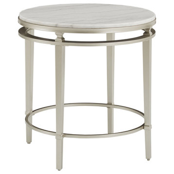 Elegant Side Table, Champagne Silver Frame With Ring Accent & Round Marble Top