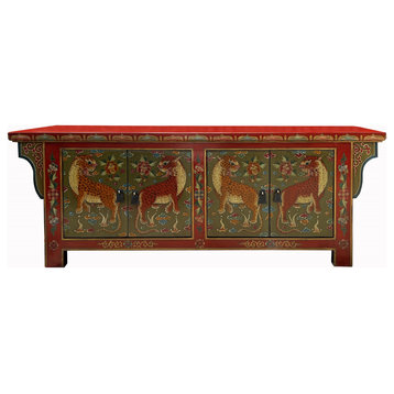 Chinese Tibetan Brick Red Jaguars Graphic Low TV Console Table Hcs7590