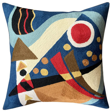 Kandinsky Pillow Cover Blue Composition Hand Embroidered Wool 18x18