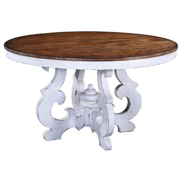 Table Cambridge Round Wood Ornate Pedestal Antique White and Rustic