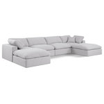 Meridian Furniture - Comfy Upholstered U-Shaped Modular Sectional, White, 6-Piece: 2 Armless Chair, 2 Corner Chair, 2 Ottoman, Linen Textured Fabric - Give your space a whole new look with this white Comfy linen textured fabric sectional. This handsome sectional fits nicely with other items in the Comfy collection and is a versatile seating option designed for adaptability, comfort and style. Wrapped in rich white durable linen textured fabric upholstery, this sectional offers a plush embrace of overstuffed down feather cushions, carefully crafted to deliver the highest level of comfort. The perfect seat for creating an oasis for relaxation, this sectional has thick foam surrounding its frame for added support and coziness.