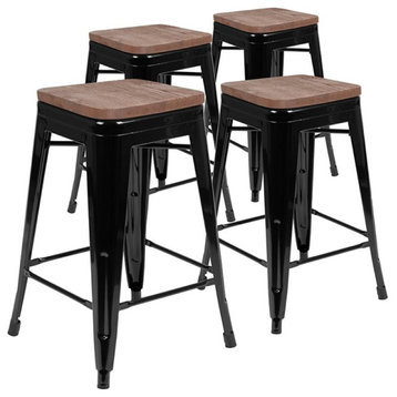 Flash Furniture 24" Stackable Metal Wood Seat Counter Stool in Black (Set of 4)