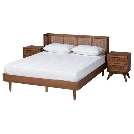 Rina Ash Walnut Finish Wood 3-Piece King Size Bedroom Set with Synthetic Rattan