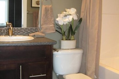 Inspiration for a mid-sized timeless master gray tile and glass tile bathroom remodel in Calgary with a drop-in sink, flat-panel cabinets, dark wood cabinets and green walls