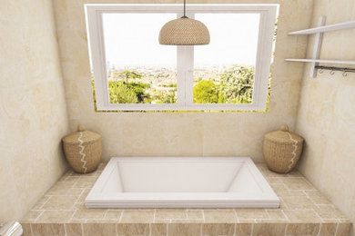 Mid-sized tuscan 3/4 beige tile and marble tile double-sink and wallpaper ceiling bathroom photo in Dusseldorf with white cabinets, a hot tub, an integrated sink and white countertops