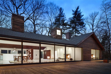 Inspiration for a scandinavian one-storey exterior in New York with a gable roof and wood siding.