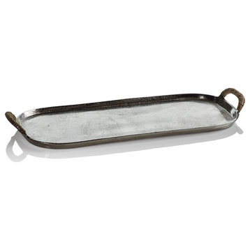 Praslin Raw Aluminum Tray with Cane Wrapped Handles, Small