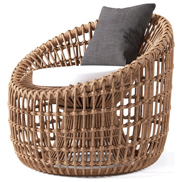 Austen Rattan Outdoor Barrel Chair Nest Shape Sidechair With Cushion, Brown