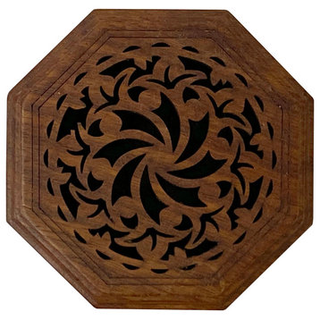 Small Brown Wood Octagonal Carving Storage Accent Box Hws2647