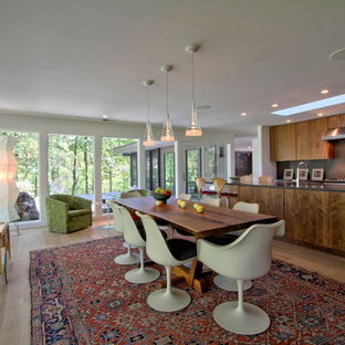 インディアナポリスの中サイズのミッドセンチュリースタイルのLDKの画像 (白い壁、淡色無垢フローリング、ベージュの床)